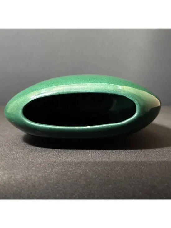 Vintage Green Ceramic Vase Glossy Finish Asymmetrical Oval Shape Modern Design - Picture 6 of 12